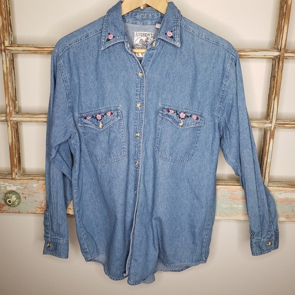 Vintage Andrews Blues Denim floral embroidered button down shirt ladies medium - Picture 1 of 10